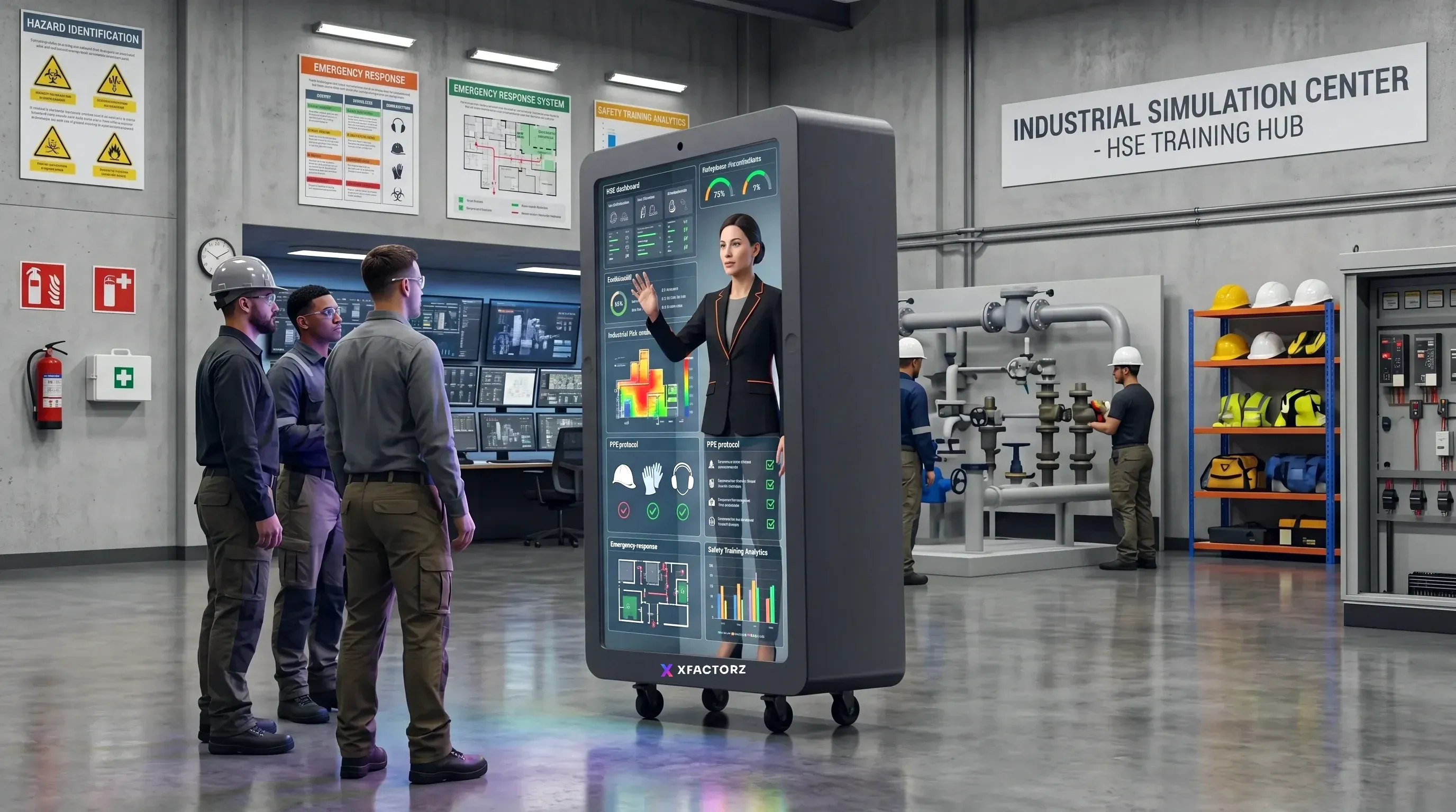 A digital human on a Holobox guiding a team through safety training in an industrial simulation centre