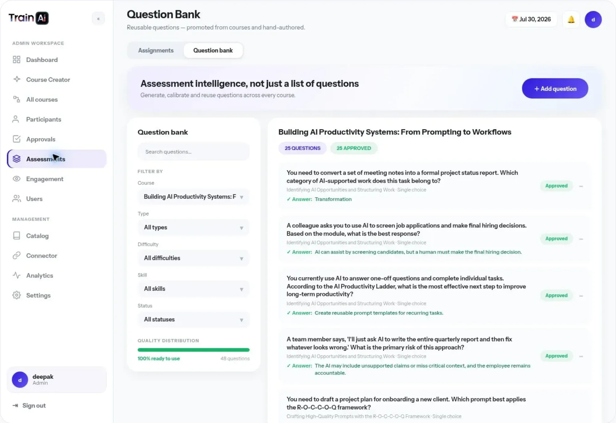 Question bank with approved assessment questions