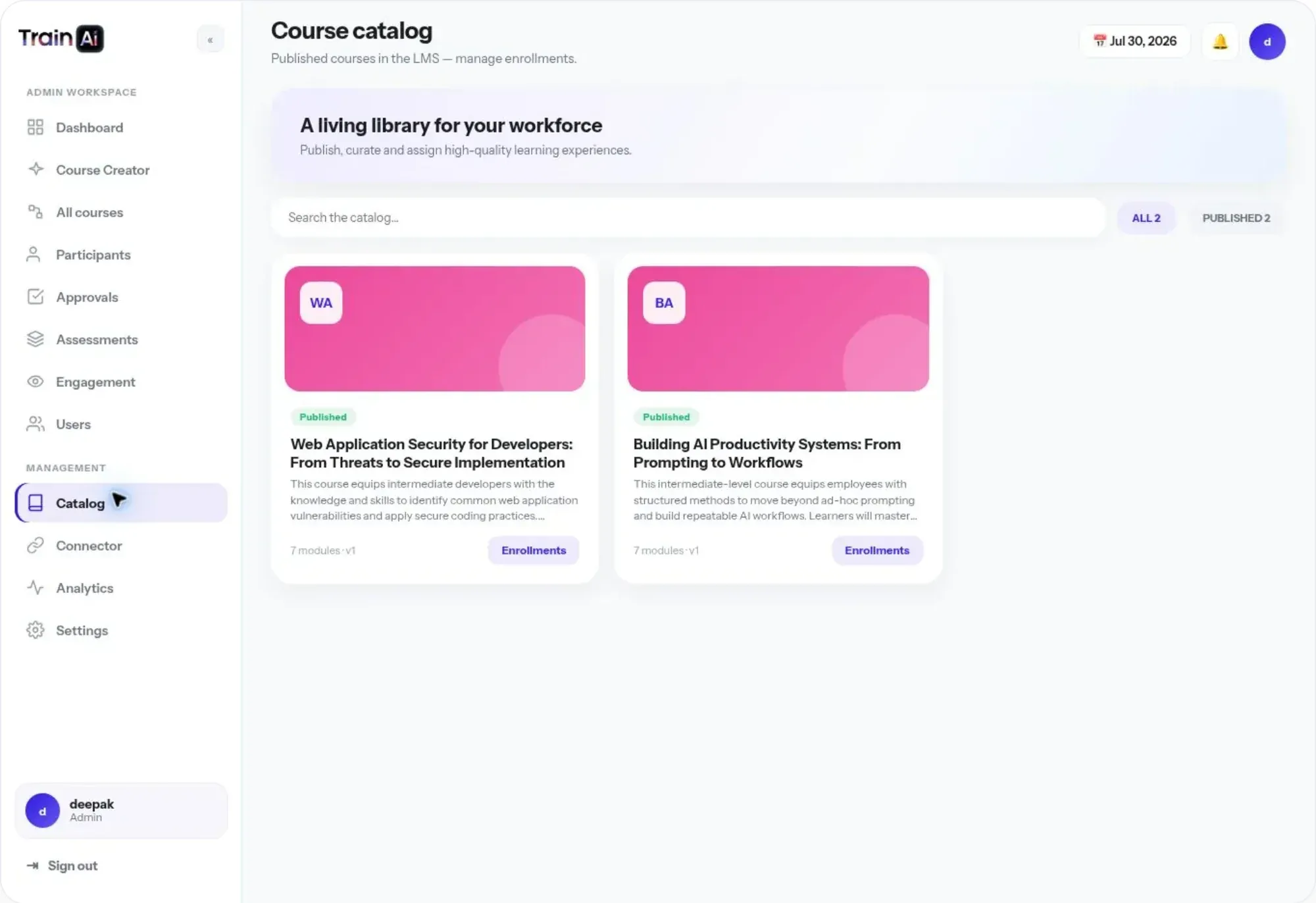 TraiinX course catalog with published courses