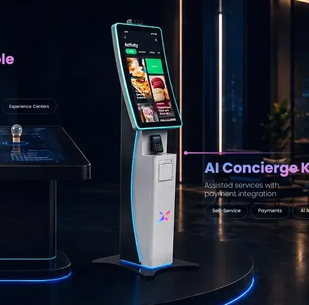 The AI concierge kiosk with a touch screen and payment terminal