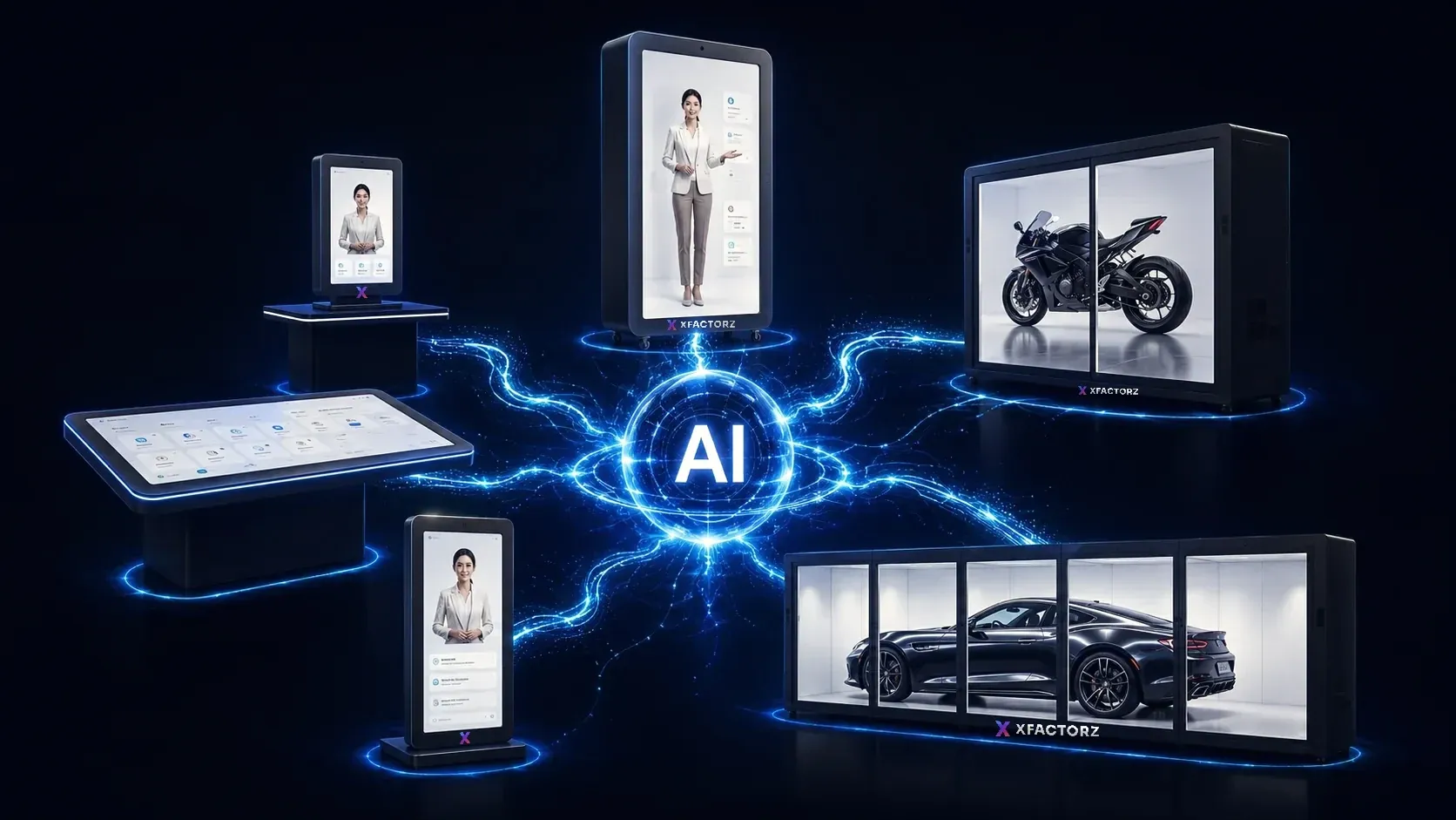 The Xfactorz hardware range — Holoboxes, kiosks, a touch table and multi-bay showcases — connected by one AI core