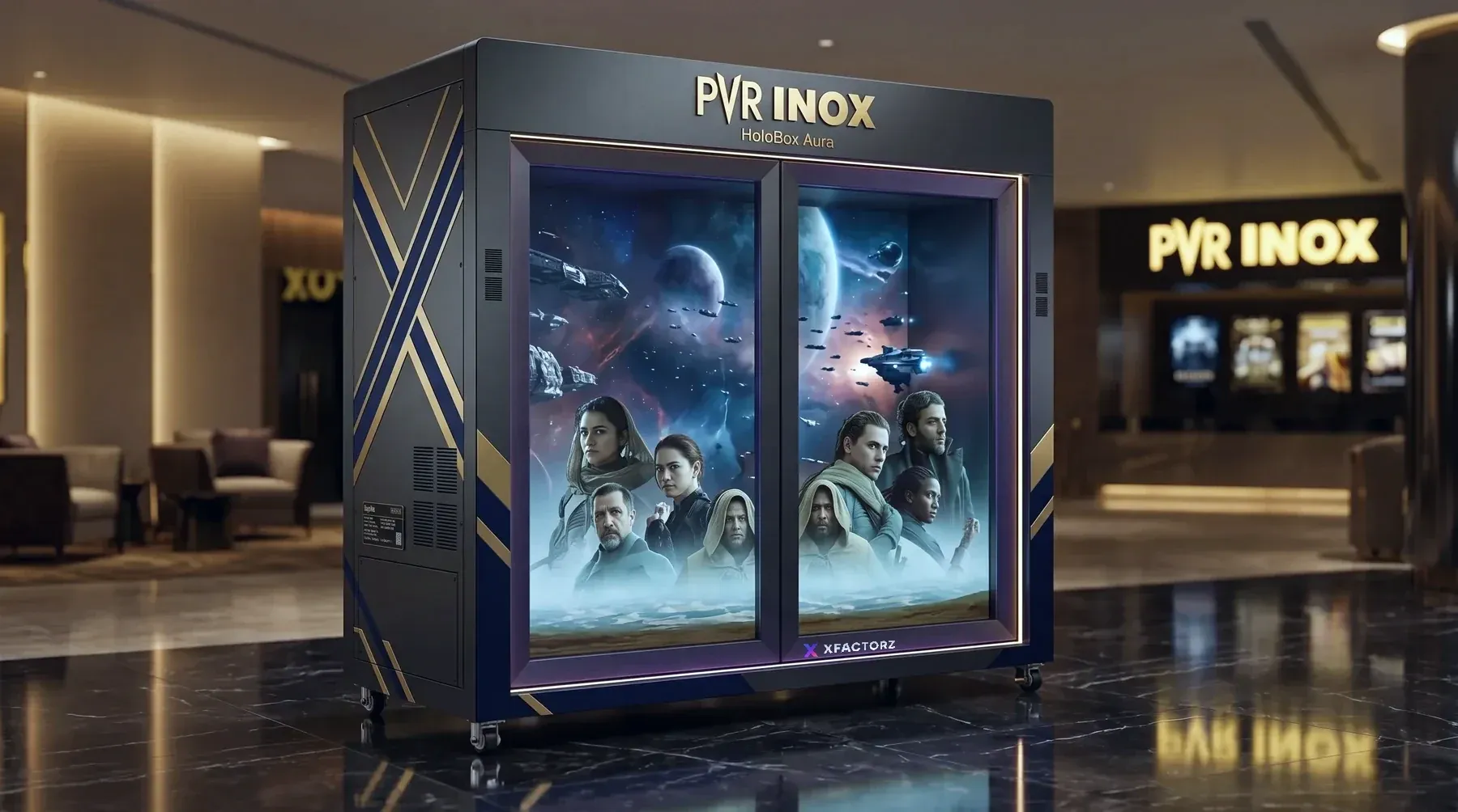 A two-bay Holobox showing a cinema campaign in a theatre lobby