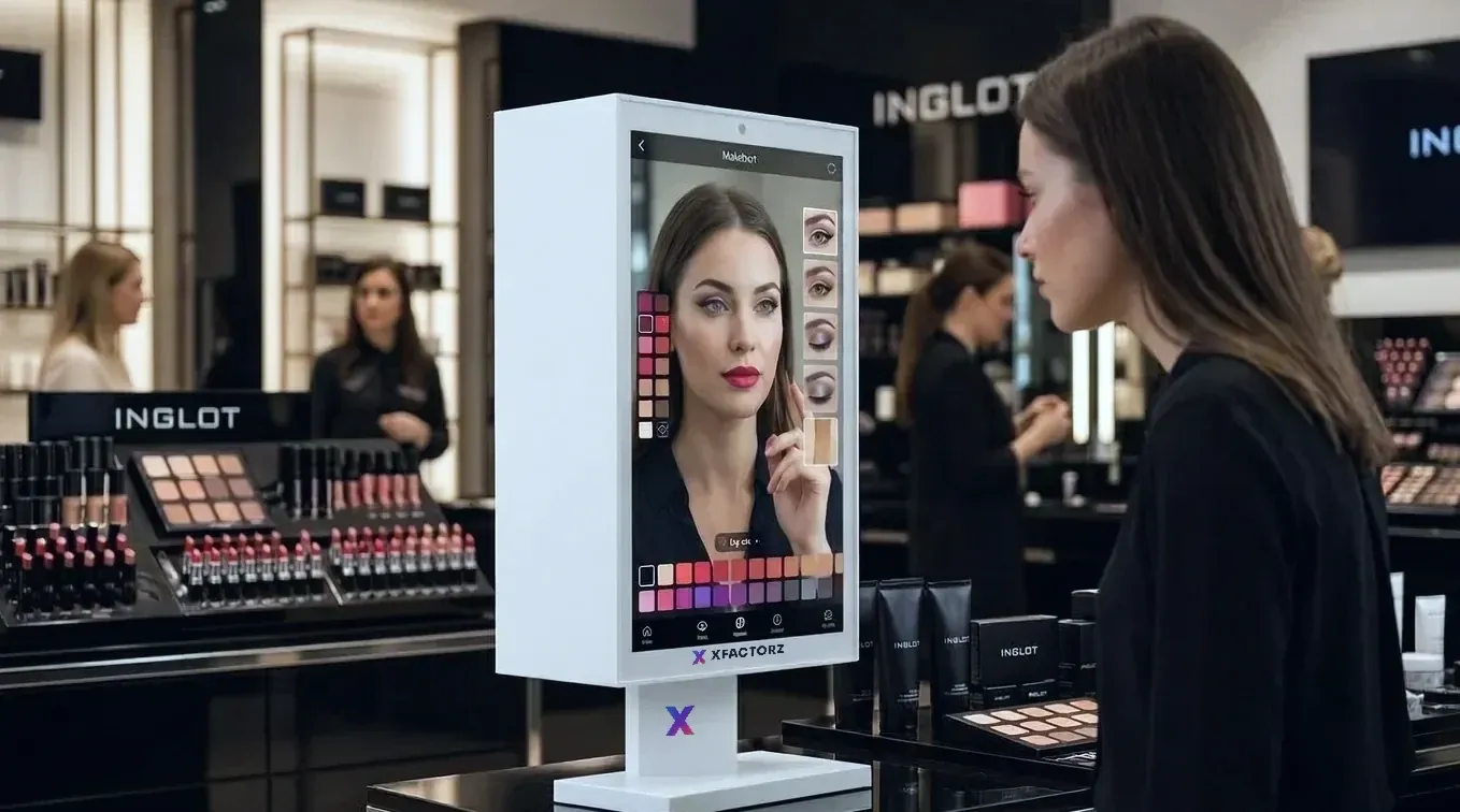 A 32-inch Holobox showing a digital beauty advisor in a cosmetics store