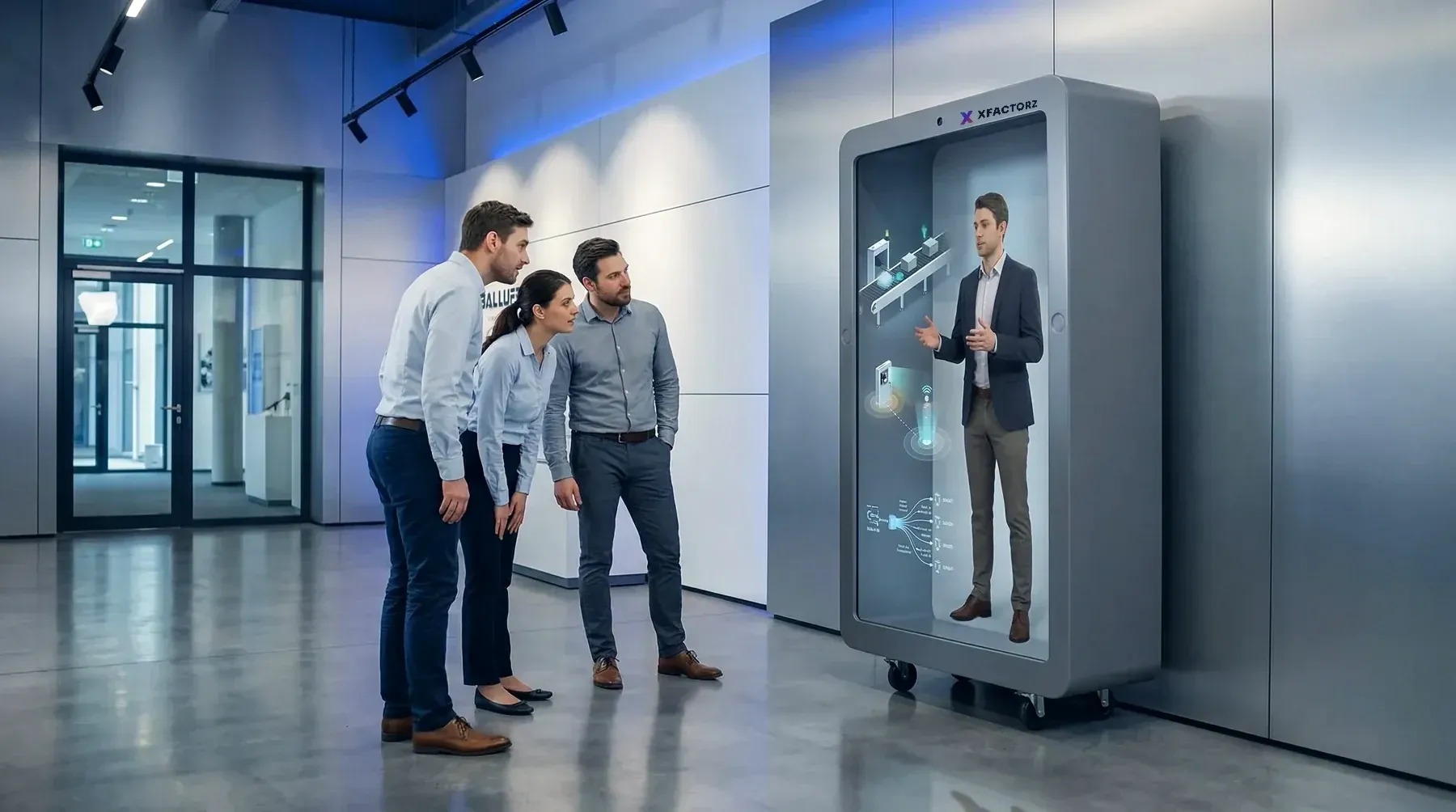 Visitors talking to a life-size presenter inside an 86-inch Holobox