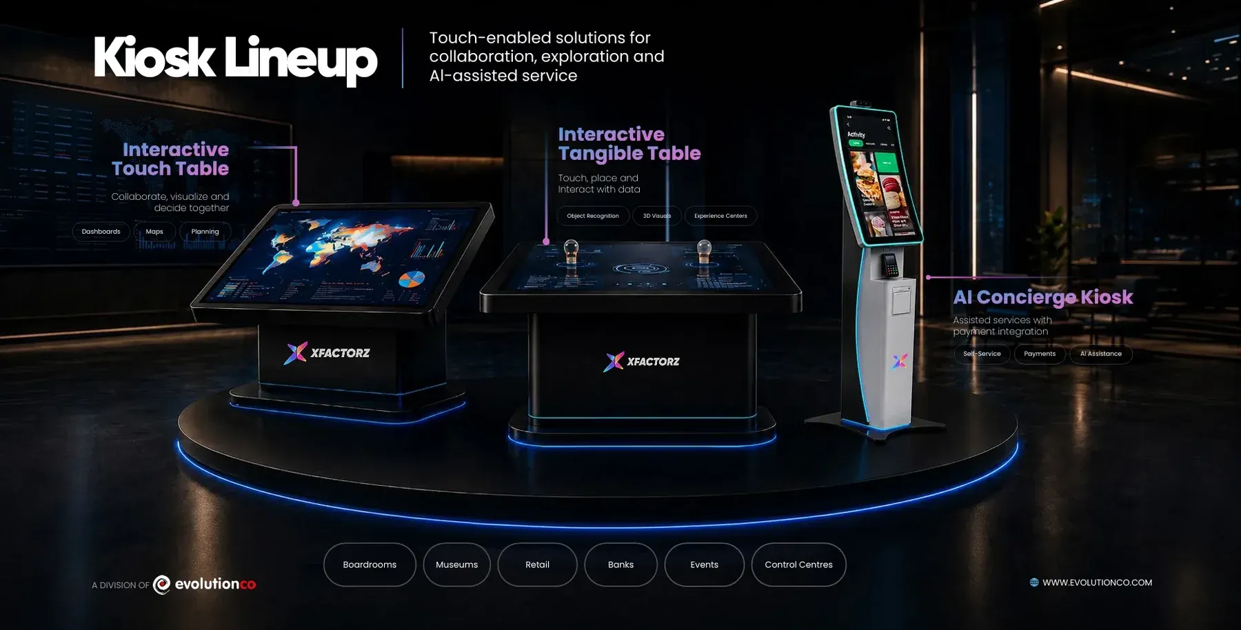 The kiosk lineup: interactive touch table, interactive tangible table and AI concierge kiosk