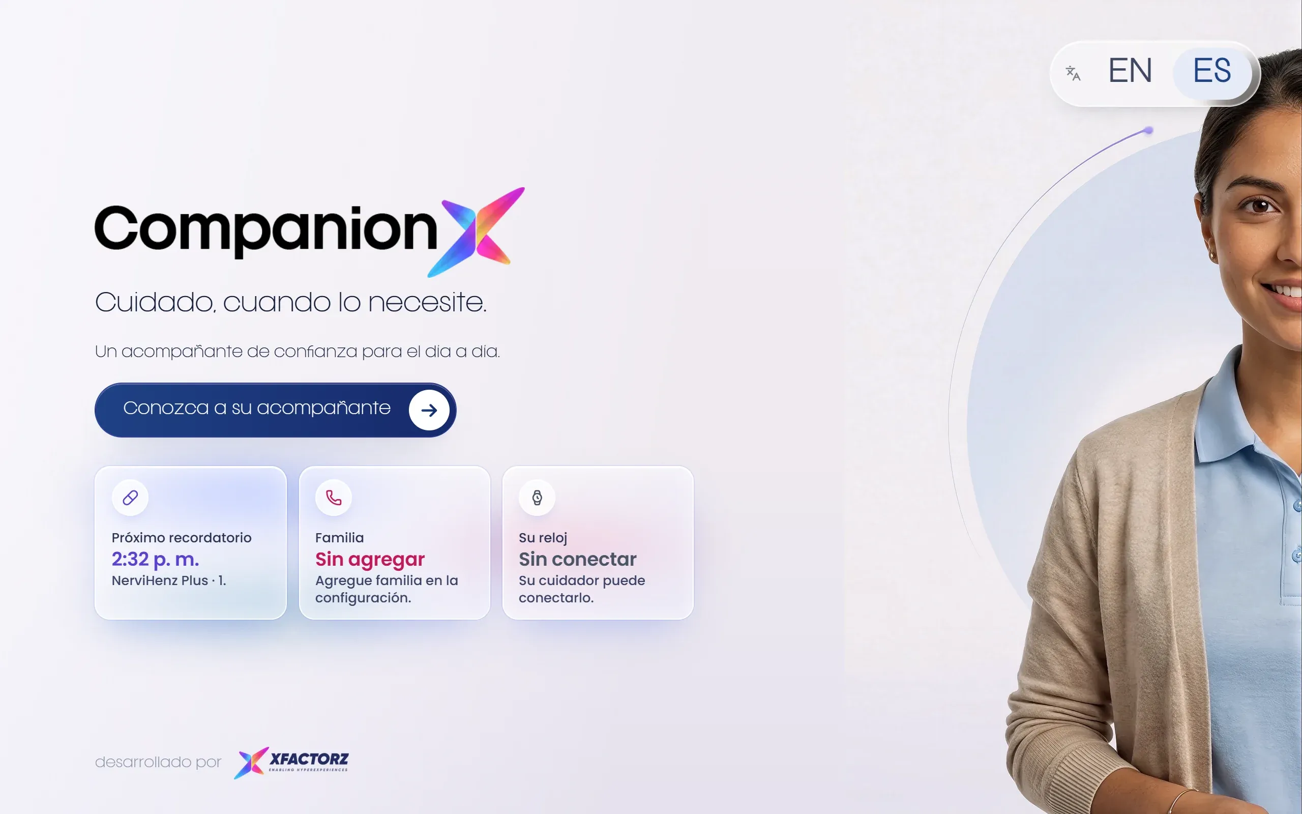 CompanionX welcome screen in Spanish: Cuidado, cuando lo necesite.