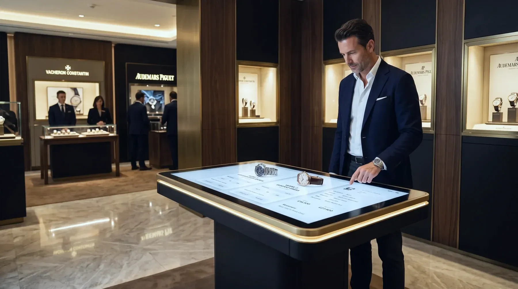 A customer using a tangible table in a luxury watch store