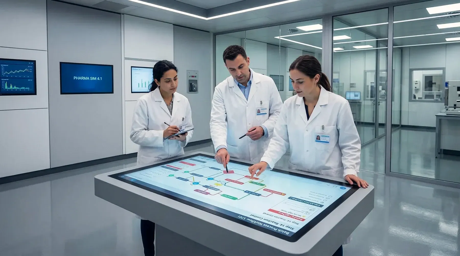 A team working around an interactive touch table in a lab