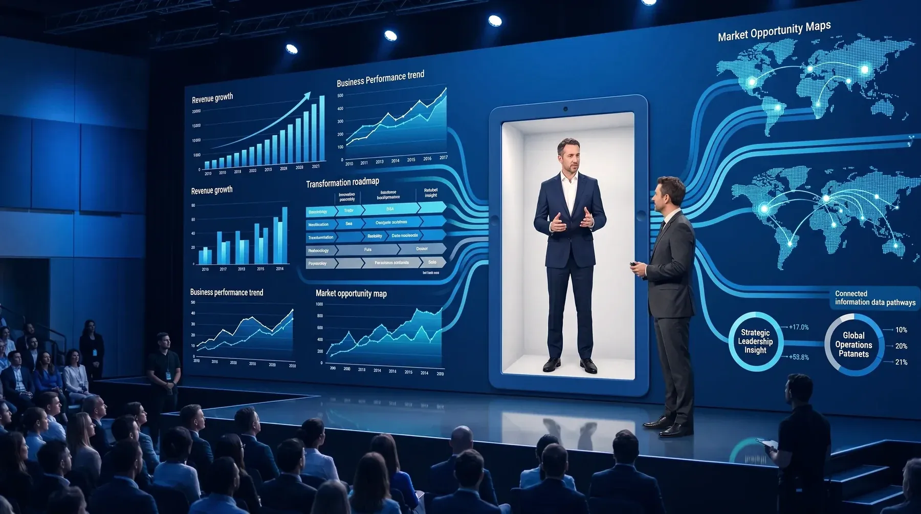 A presenter beside a transparent display on a conference stage