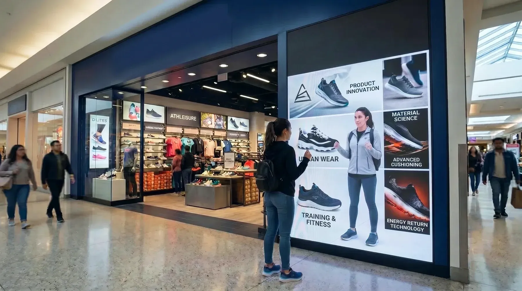 A shopper interacting with a large LED wall in a mall